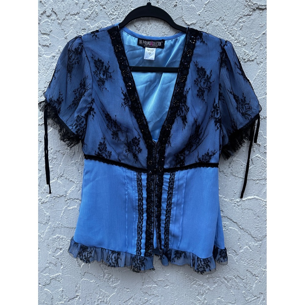 Pyramid Collection Blue Black Lace Sequin Victorian Gothic Blouse Top Small